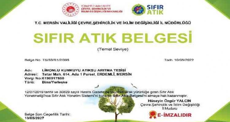 MESKİ Limonlu-Kumkuyu Atıksu Arıtma Tesisine ‘Sıfır Atık Belgesi' verildi