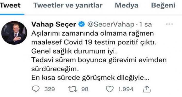 Mersin Büyükşehir Belediye Başkanı Vahap Seçer, korana virüse yakalandı