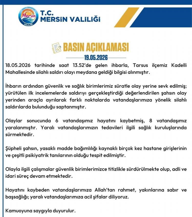 Mersin Valiliği’nden kanlı saldırı açıklaması