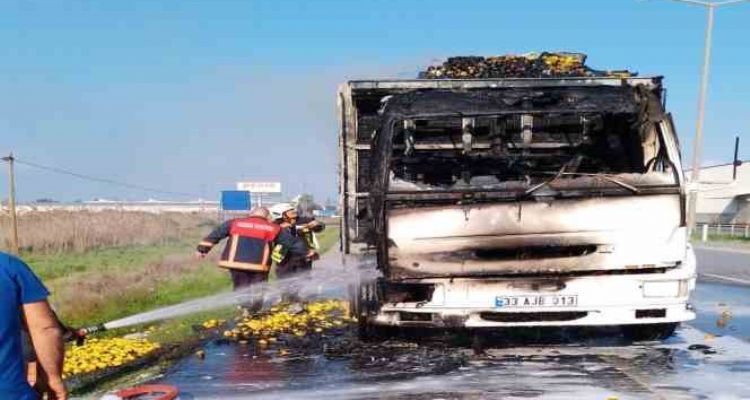 Limon yüklü kamyonda çıkan yangın maddi hasara neden oldu