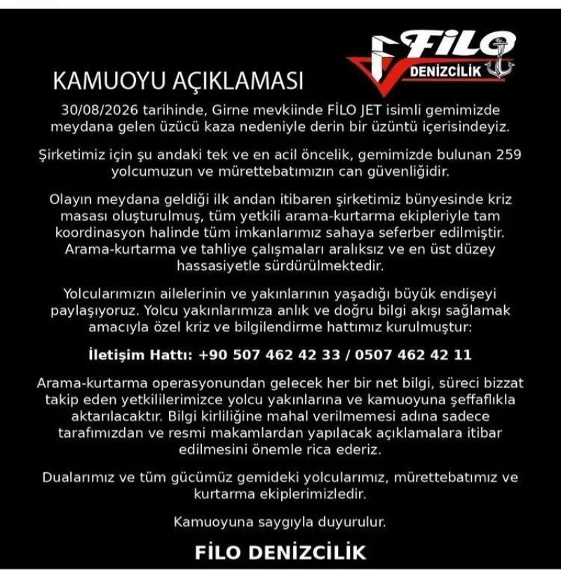 Filo Denizcilik’ten Girne açıklarındaki kaza sonrası açıklama: Yolcu yakınları için kriz ve bilgilendirme hattı kuruldu