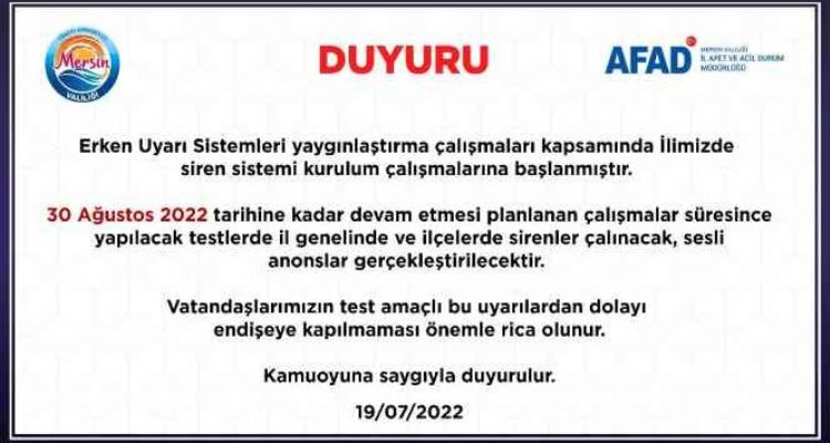 Mersin'de ikaz alarm ve siren testleri yapılacak