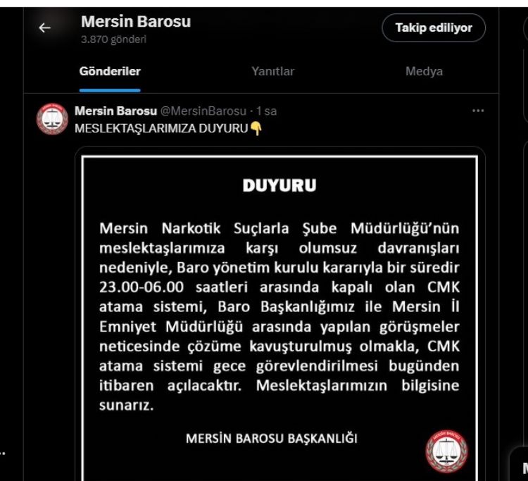 Mersin Barosu, CMK atama sistemini yeniden açtığını duyurdu