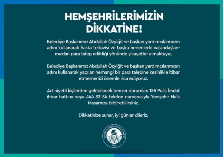 Yenişehir Belediyesi dolandırıcılara karşı vatandaşları uyardı